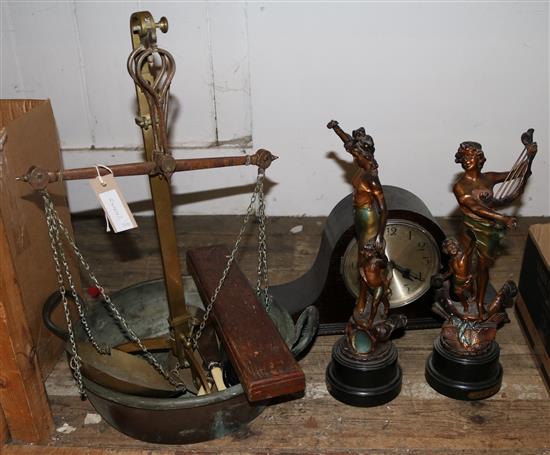 Brass scales, spelter figures, stove etc